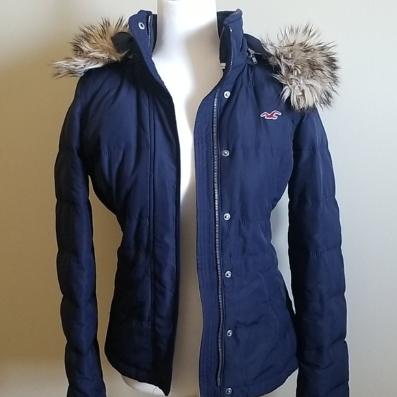 navy blue jacket with fur hood